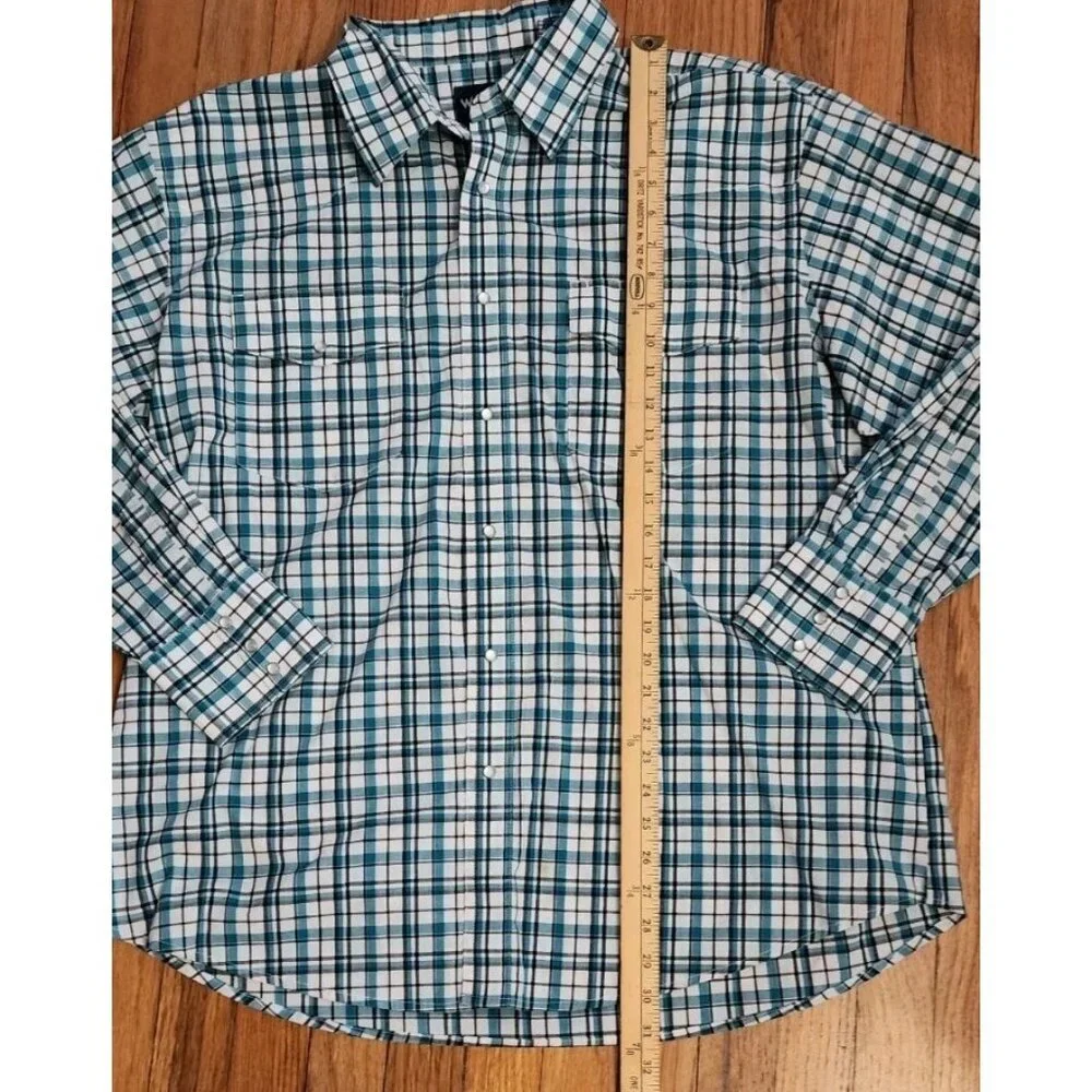 Wrangler Shirt 2XL Teal White Western Pearl Snap Long Sleeve Check Plaid - Picture 6 of 9